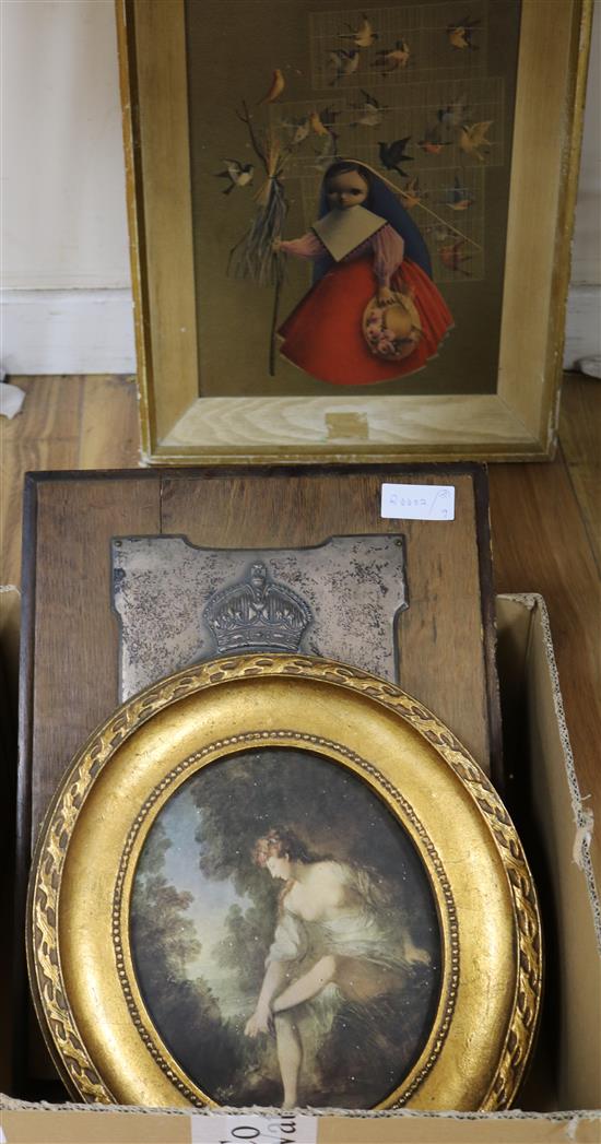 A Royal Agricultural College, Cirencester 1845 white metal plaque and three assorted prints